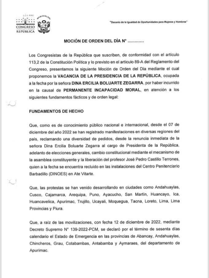 Bancadas de izquierda presentan moción de vacancia contra Dina Boluarte