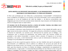 Carta abierta a La presidente Dina Boluarte, a las Organizaciones, Organismos Nacionales e Internacionales y a todos Los Peruanos.