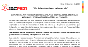 Carta abierta a La presidente Dina Boluarte, a las Organizaciones, Organismos Nacionales e Internacionales y a todos Los Peruanos.