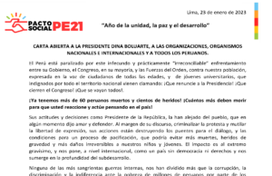 Carta abierta a La presidente Dina Boluarte, a las Organizaciones, Organismos Nacionales e Internacionales y a todos Los Peruanos.