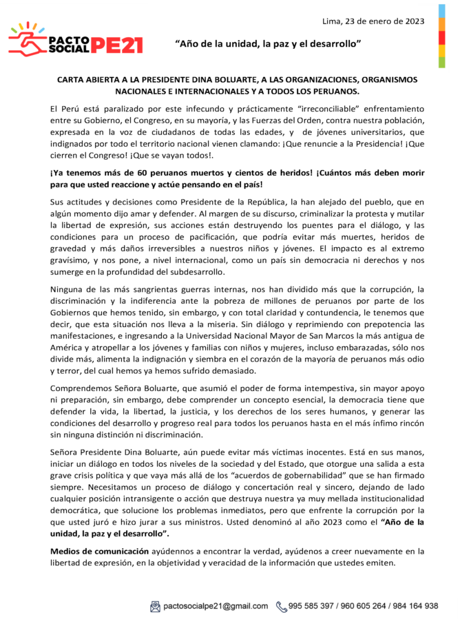 Carta abierta a La presidente Dina Boluarte, a las Organizaciones, Organismos Nacionales e Internacionales y a todos Los Peruanos.
