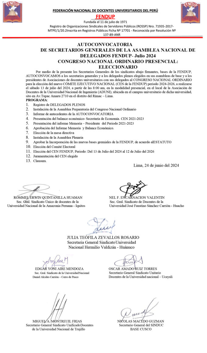 Secretarios Generales de la Asamblea Nacional de Delegados de la Fendup se reúnen en la UNI