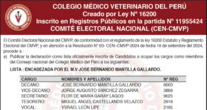 Colegio Médico Veterinario del Perú publica lista oficial de candidatos al Consejo Nacional