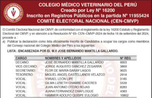 Colegio Médico Veterinario del Perú publica lista oficial de candidatos al Consejo Nacional