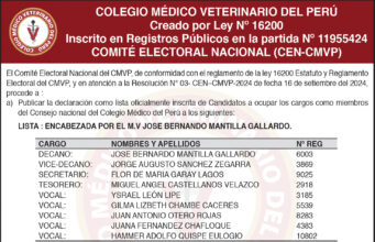 Colegio Médico Veterinario del Perú publica lista oficial de candidatos al Consejo Nacional