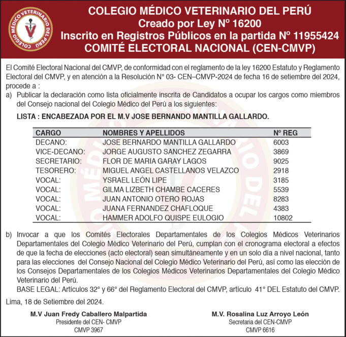 Colegio Médico Veterinario del Perú publica lista oficial de candidatos al Consejo Nacional