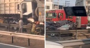 Accidente en la Panamericana Sur: Vehículo es aplastado entre dos camiones y deja 5 heridos y genera congestión
