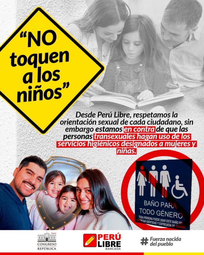 Bancada Perú Libre rechaza que hombres que se autoperciben féminas usen baños de mujeres: «No toquen a los niños»