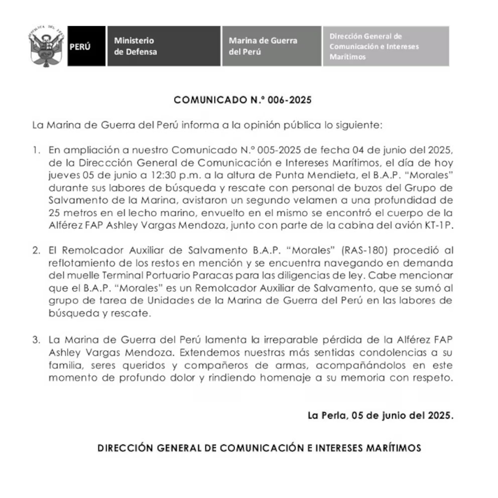 Comunicado de la Marina de Guerra del Perú tras el encuentro de Ashley Vargas.