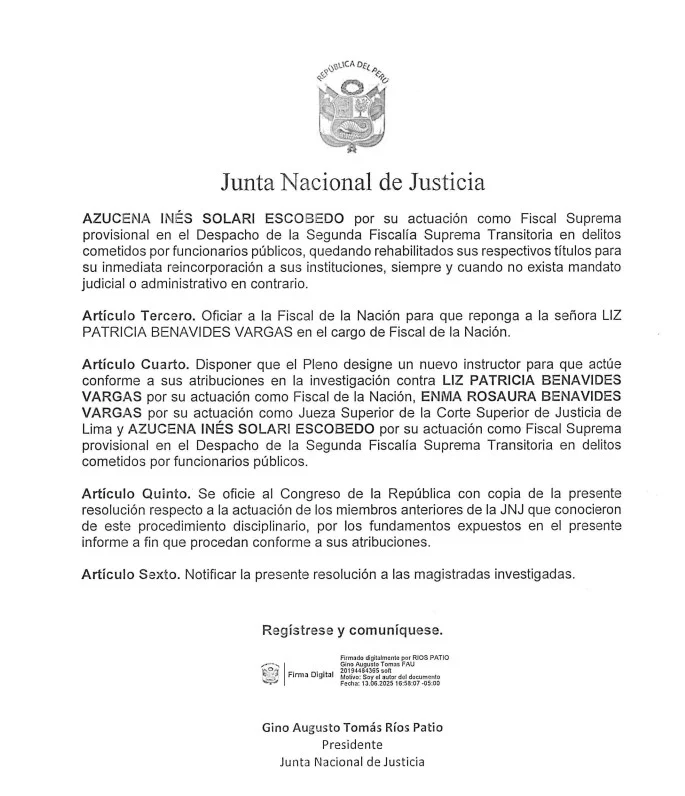 JNJ anula destitución de Benavides y ordena su restitución como fiscal de la Nación