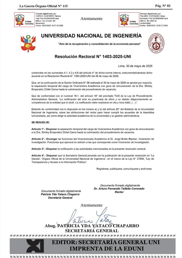 Resolución rectoral que ordena la suspensión de Shirley Chilet Cama de la UNI.