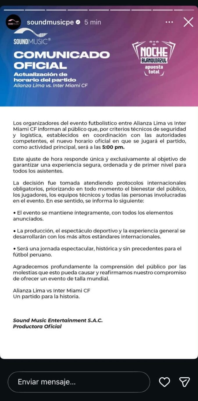 Partido entre Alianza Lima e Inter Miami cambió de horario: Será el sábado 24 a las 5:00 p.m. en Matute